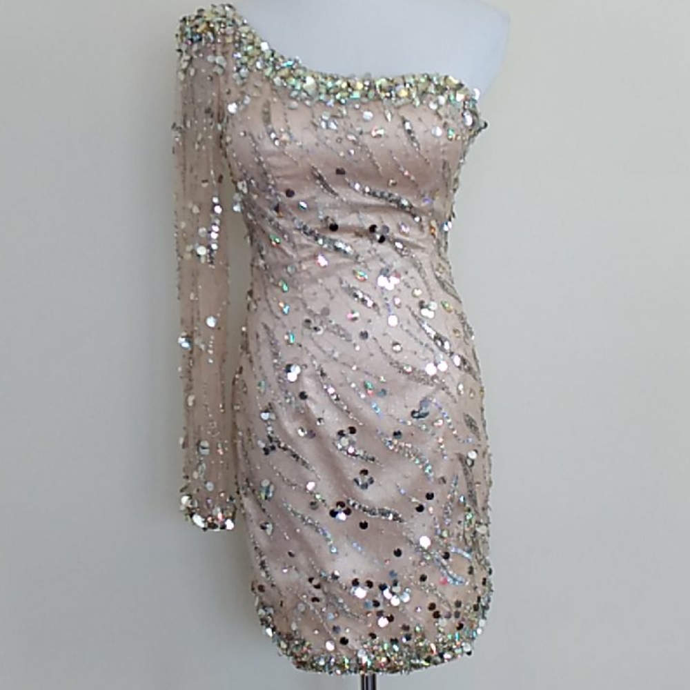 MacDouggal One shoulder sequin rhinestone dress